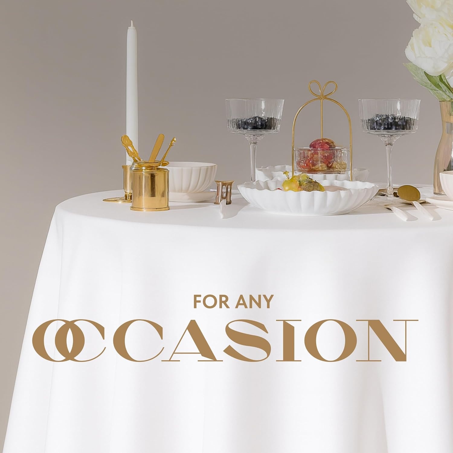 image:imageWealuxe 2 Pack White Round Tablecloths 60 Inch for 2048 Tables 200 GSM Premium Quality Textured Washable Polyester Fabric Table Cloth 60 is Not Table SizeWhite