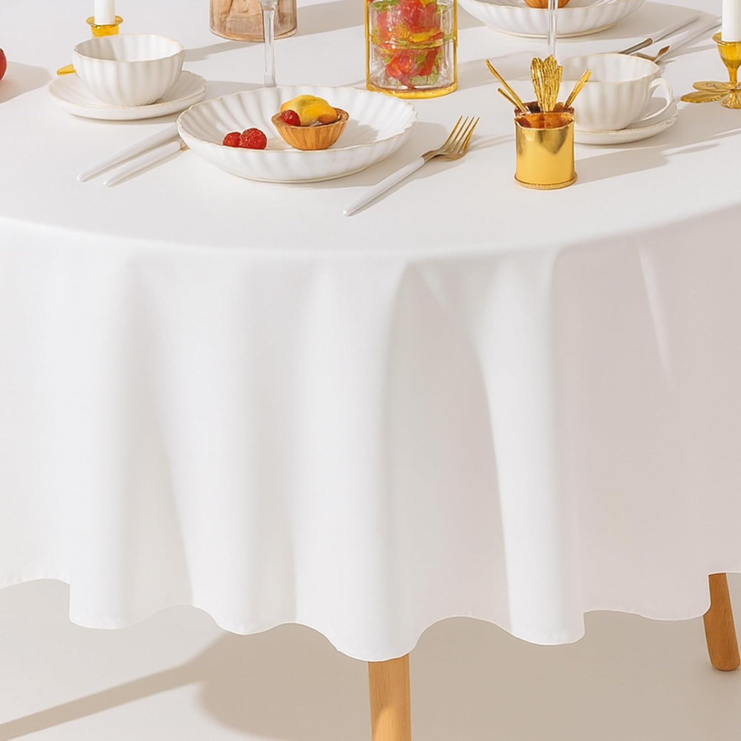 image:imageWealuxe 2 Pack White Round Tablecloths 60 Inch for 2048 Tables 200 GSM Premium Quality Textured Washable Polyester Fabric Table Cloth 60 is Not Table SizeWhite